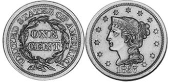 viejo Estados Unidos moneda 1 centavo 1857