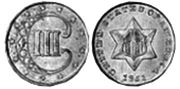 viejo Estados Unidos moneda 3 centavos 1851