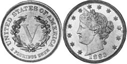 viejo Estados Unidos moneda 5 centavos 1883
