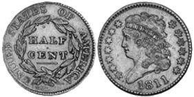 viejo Estados Unidos moneda half centavo 1811