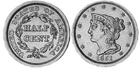viejo Estados Unidos moneda half centavo 1851