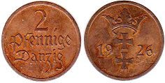 moneta Danzig (Gdansk) 2 pfennig 1926