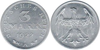 Münze German Weimar 3 mark 1922