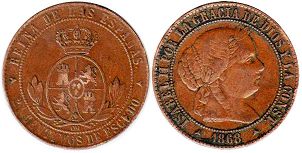 moneda España 2 1/2 centimos 1868