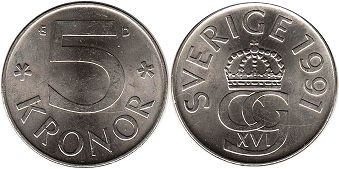 coin Sweden 5 kronor 1991