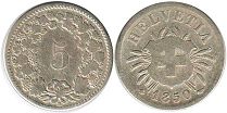 Münze Schweiz 5 rappen 1850