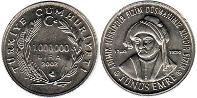 moneda Turquía 1000000 lira 2002 Yunus Emre