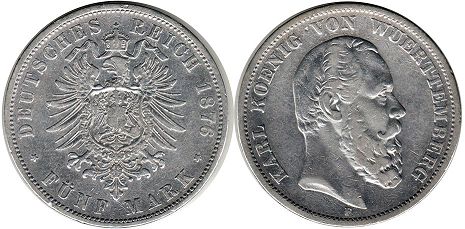 Münze Württemberg 5 Mark 1876
