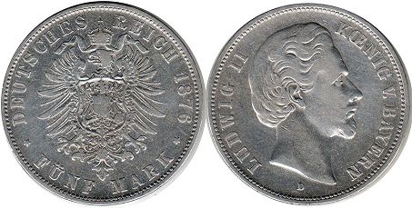 coin Bavaria 5 mark 1876