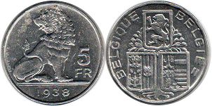 pièce Belgique 5 francs 1938