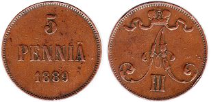 mynt Finland 5 pennia 1889