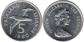 coin Falkland 5 pence 1980