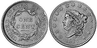 old US coin 1 cent 1817 large cent - coronet head