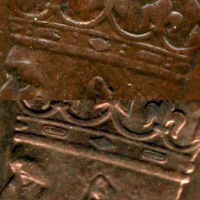 Crown headbands on the halfpenny (top) and the quarter anna