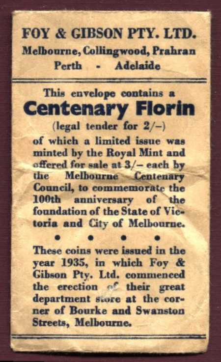 Paper envelope in which Foy & Gibson presented Melbourne Centenary florins
