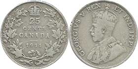 canadian old moneda 25 centavos 1911