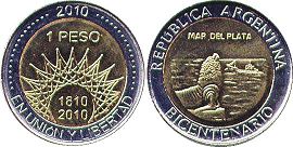 Argentina coin 1 peso 2010 Mar del silver