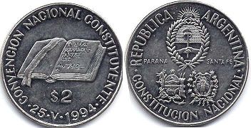 Argentina coin 2 pesos 1994 Constituyente