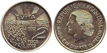 Argentina coin 2 pesos 2002 EVITA