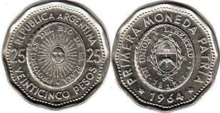 Argentina coin 25 pesos 1964 Primera Moneda Nacional