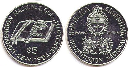 Argentina coin 5 pesos 1994 Constituyente