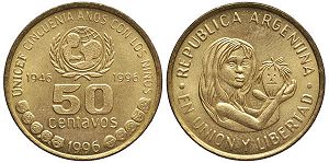 Argentina coin 50 centavos 1996 Unicef