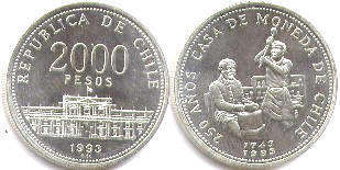Chille 2000 pesos 1993 Casa de Moneda