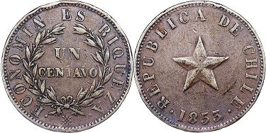 Chile coin 1 centavo 1853