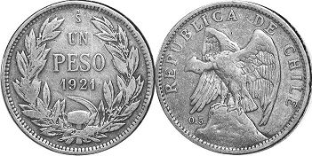 Chile coin 1 peso 1921