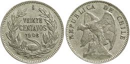 Chile coin 20 centavos 1908