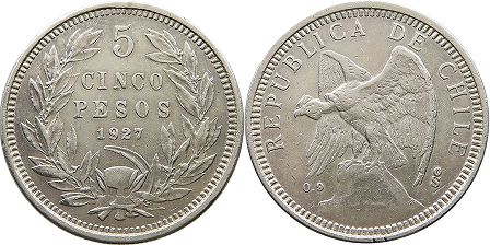 Chile coin 5 pesos 1927