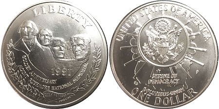 US coin 1 dollar 1991 rushmore