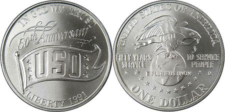 US coin 1 dollar 1991 uso