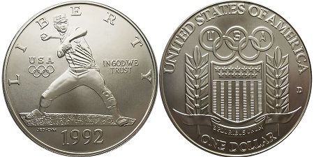 US coin 1 dollar 1992 baseball