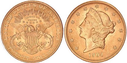 US coin 20 dollars 1904