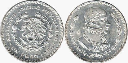 Mexico coin 1 peso 1964 (1957, 1958, 1959, 1960, 1961, 1962, 1963, 1964, 1965, 1966, 1967, 1968, 1969)
