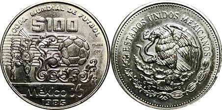 Mexico coin 100 Pesos 1985 Soccer world cup