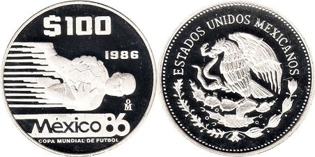 Mexico coin 100 Pesos 1986 Soccer world cup