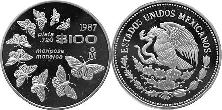 Mexico coin 100 Pesos 1987 Monarch butterfly