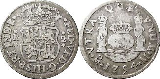 Mexico coin 2 reales 1754