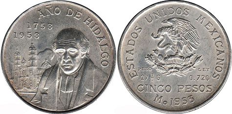 Mexico coin 5 pesos 1953 Miguel Hidalgo