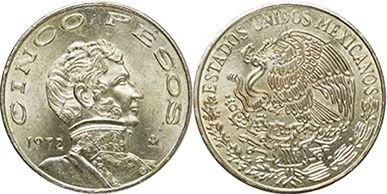 Mexico coin 5 pesos 1972 (1971, 1972, 1973, 1974, 1975, 1976, 1977, 1978)