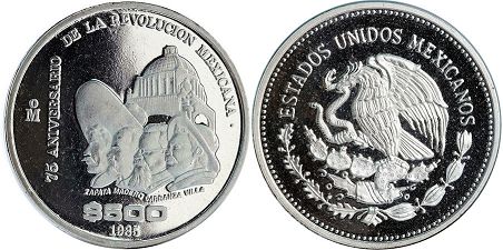 Mexico coin 500 Pesos 1985 revolución of 1910