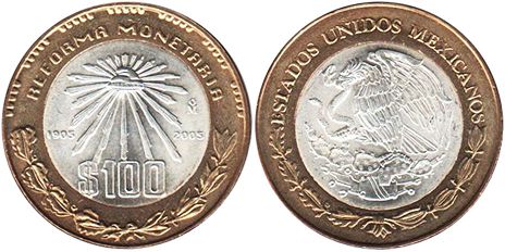Mexico coin 100 Pesos 2005 Reforma Monetaria of 1905