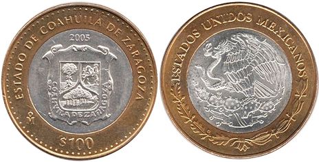 Mexico coin 100 Pesos 2005 Coahula of Zaragoza