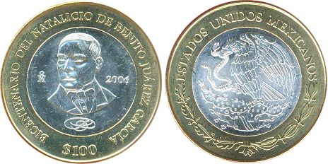 Mexico coin 100 Pesos 2006 Benito Juárez García