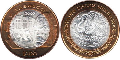 Mexico coin 100 Pesos 2007 Tabasco