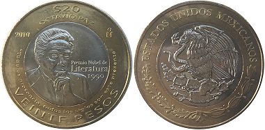 Mexico coin 20 pesos 2010 Premio Nobel of Literatura a Octavio Paz