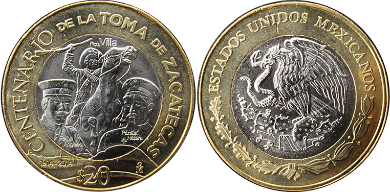 Mexican coin 20 pesos 2014 Toma de Zacatecas