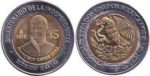 Mexico coin 5 pesos 2008 Francisco Xavier Mina